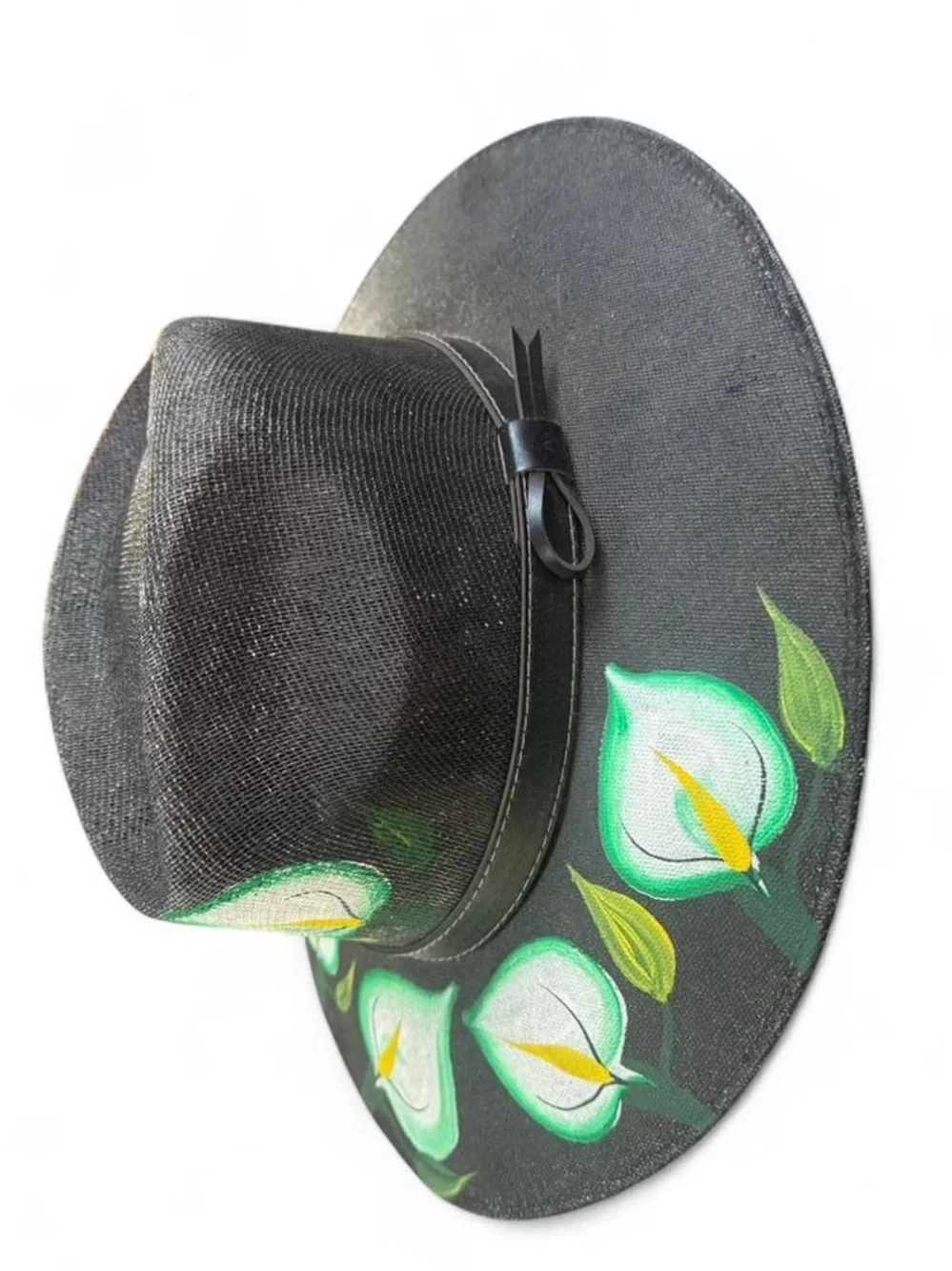 Hand-Painted Oaxaca Black Fedora with White & Green Lily of the valley motifs